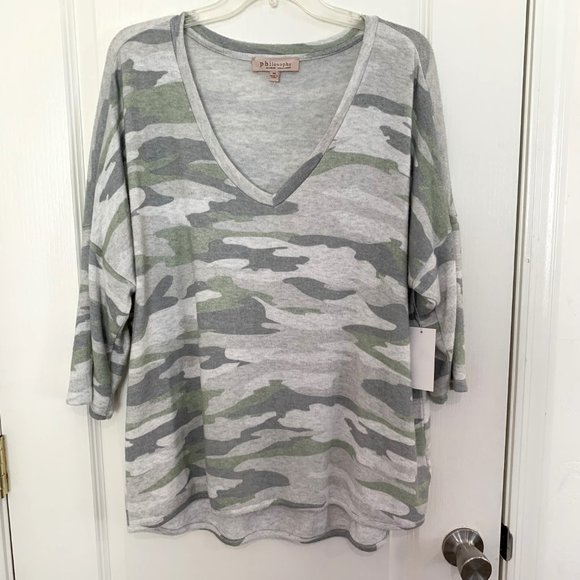 Philosophy Camo Soft Sweater High Low V-Neck Pullover Top Gray Green Size 1X NEW - Picture 3 of 7